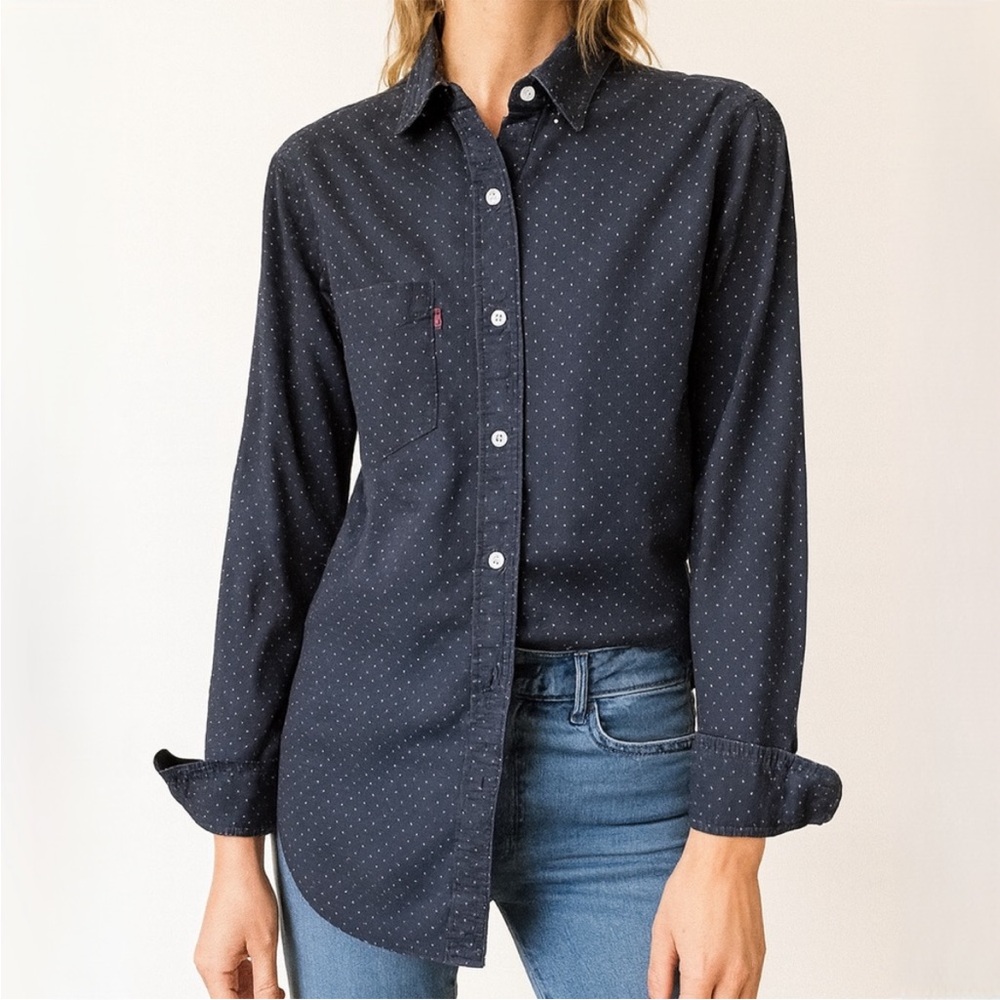 Vtg Men’s Levi’s Navy Polka Dot Button Down Cotton Shirt Standard Fit Unisex - Picture 2 of 12